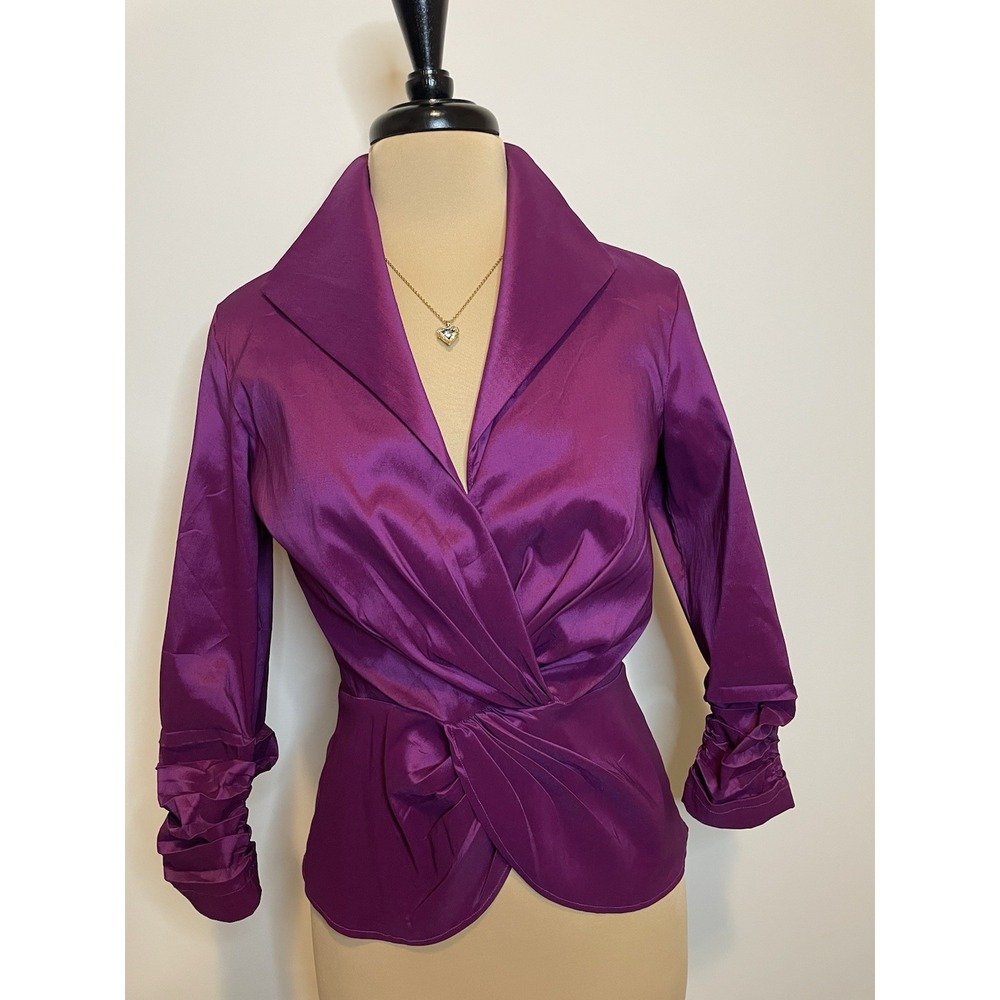 Tadashi Purple Wrap Peplum Blouse Portrait Collar Ruched Sleeve 6 NWOT